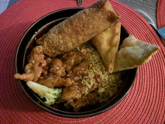 Crab rangoons, porl egg roll, fried rice and general tso's chicken