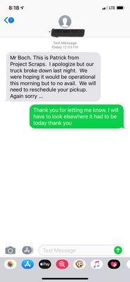 Message canceling my appointment after they were scheduled to arrive.