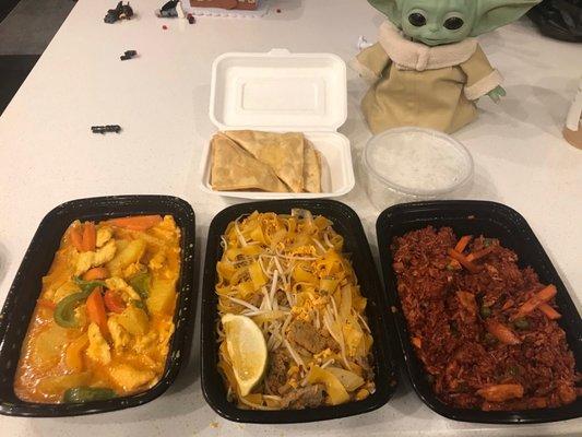 Top: Crab Rangon Left to right: 1) Masaman Curry* (white rice goes with this dish) 2) Deluxe Pad Thai 3) chicken fried rice