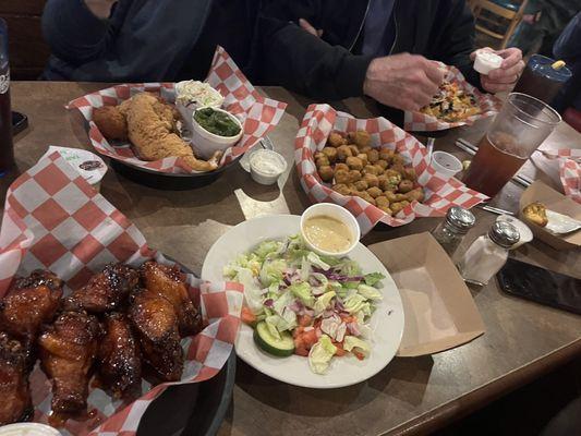 The best chicken wings ever, and my side salad, fried okra.