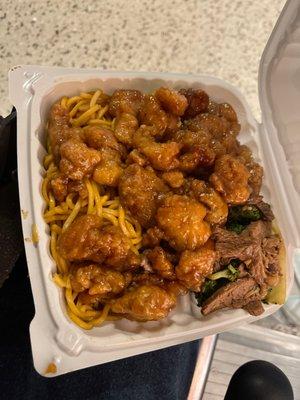 Noodles, Orange Chicken, Beef and Broccoli, Honey Garlic Chicken