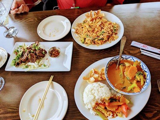 Tiger cry beef, Pad Thai Chicken and Panang Curry Vegetable