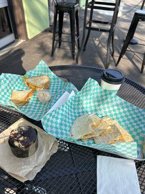 Breakfast quesadilla, vanilla and Chocolate muffin and Breakfast sandwich