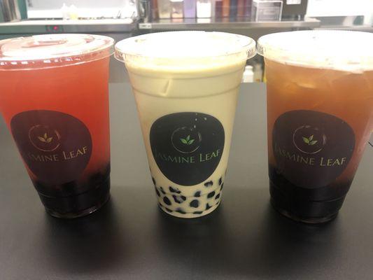 Strawberry green tea, matcha milk tea and pineapple black tea.