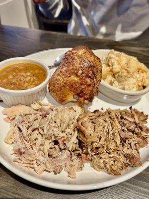 2 meat plate - pulled chicken and pulled pork.  Sides - bbq beans and macaroni and cheese Cheddar cheese popover