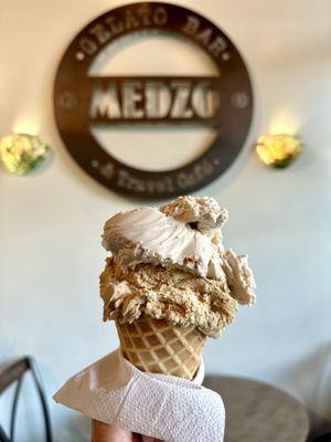 Coffee & Hazelnut Gelato on waffle cone. Delish!! $5.75 5/29/24