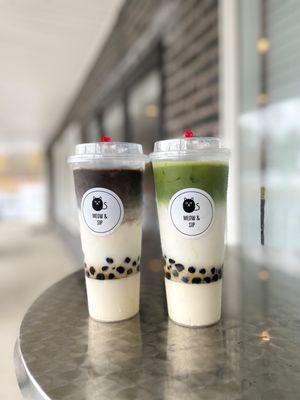 Hojicha and matcha boba lattes with panna cotta