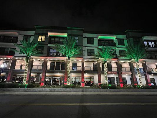 Awesome Retail Plaza, w Wrapped palms and Colored Up lighting