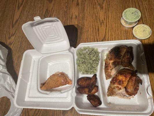 Chicken Empanada and 1/2 All White Meat Chicken with 2 Sides (Cilantro Rice & Plantains) with all 3 sauces