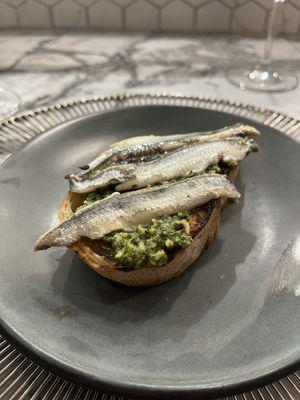 White anchovy, pesto oil, grilled bread