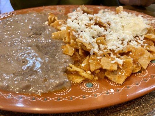 Chilaquiles with a side of refried beans