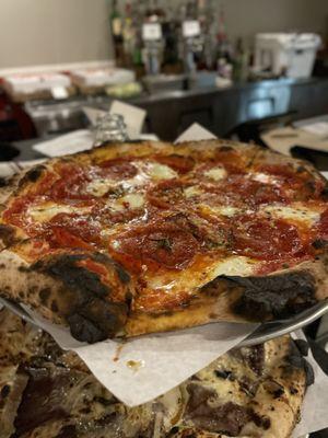 pepperoni with scamorza, garlic, chilies, fresh mozzarella, + herbs