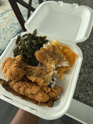 Fried whiting, Mac and cheese, and collard greens