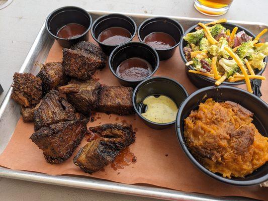 Burnt Ends, Broccoli salad, and Sweet Potato casserole