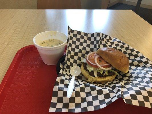 Hamburger and broccoli cheddar soup