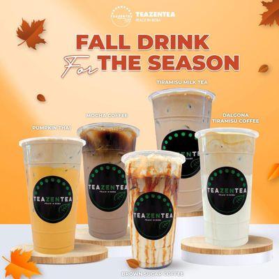 Fall Season Drinks: Pumpkin Thai, Mocha Coffee, Brown Sugar Coffee, Tiramisu Milk Tea and Dalgona Tiramisu Coffee