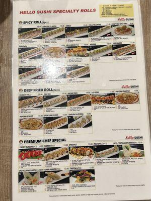 Specialty rolls menu