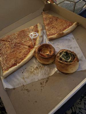 Regular Pizza Slice, Spinach Pinwheel, Pepperoni Pinwheel