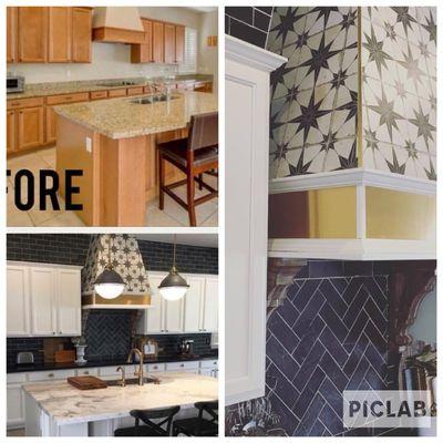 Beautiful backsplash install, including stove hood. Sink fixtures and pendant light install