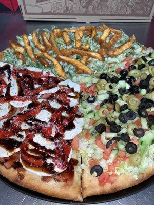 Buffalo chicken ceaser salad slice, Fresh Mozzarella and Roasted red pepper with balsamic glaze slice, and Salad slice like yummmmmm