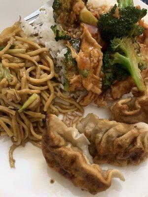 lo mein, chicken and broccoli, and fried dumplings