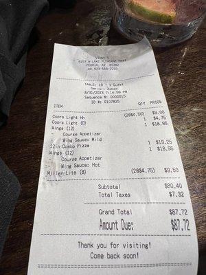 Receipt for Happy Hour Wings!