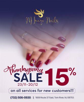 Thanksgiving Sale 15% on all service for new customers! From 23/11 - 20/12