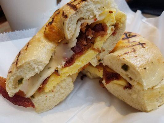 The Arturo Special breakfast sandwich: bacon, scrambled egg, and pepper pepperjack cheese on a steamed jalapeno bagel. Delicious!