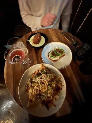 Bbq pulled pork loaded fries, Mac and cheese croquette, and the smoked fish spread on sourdough