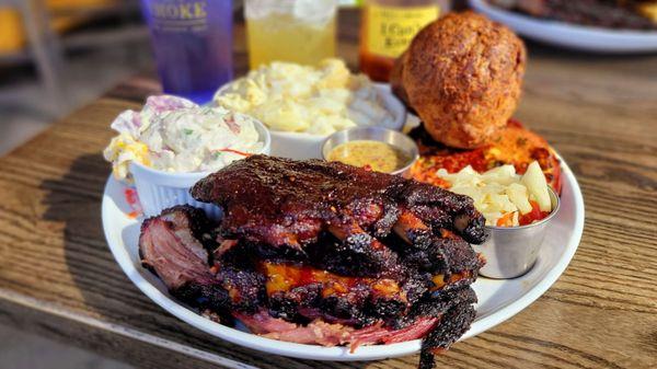 Bestie Combo 4: Brisket, Ribs x2 & Jalapeño Cheddar Bologna with White Cheddar Cracker Mac  and Sweet Pepper Potato Salad Trashed Ribs