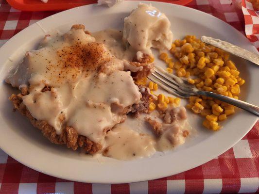 Chicken fried steak, corn, mash.