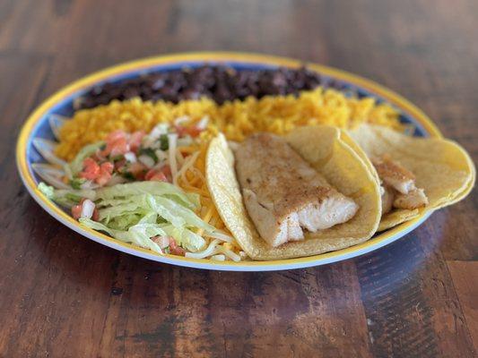 Fish tacos, black beans, Mexican rice, Pickle Deguello it really is a healthy and delicious option.