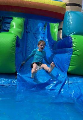 Kids sliding down to the pool.