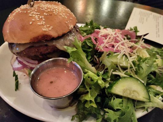 Elk Expedition Burger and Salad with Raspberry vinegarette