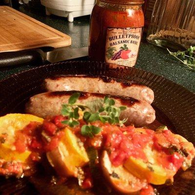 Ratatouille, from the website, and spicy Italian sausage. #KetoFriendly