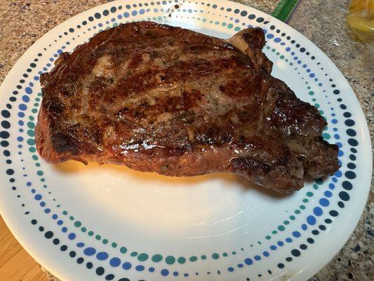 Ribeye was 1.18#. Smoked with pecan at 250f to 115f (internal) then 1-minute sear per side at about 650f. Rested 10 minutes.