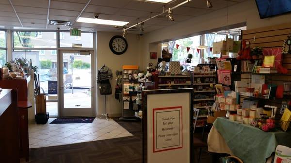 View of front entrance from inside at Pharmacy counter.