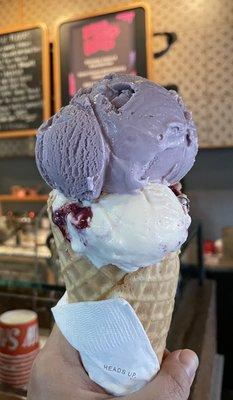 One scoops Wild-Foraged Berry Slab Pie Scoop and one scoop Honey Lavender