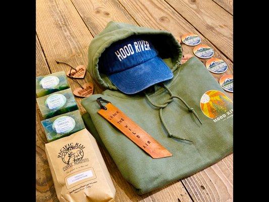 Hood River hoodies, organic coffee, stickers, magnets, custom hats & ornaments