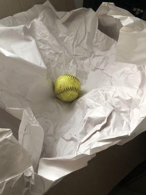 Since I own more than a single softball, there were 7 of these overwrapped disasters.