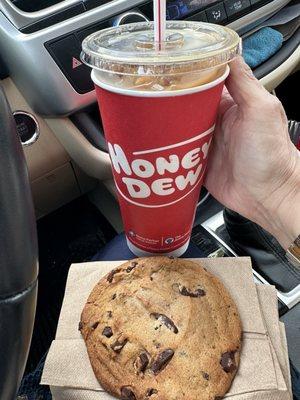 Vanilla hazelnut iced coffee and the best chocolate chip cookie you'll ever sink your teeth into!