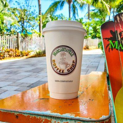 Coffee on Adirondack chair.