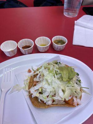 Shrimp tostada and four salsas