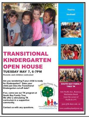 Transitional Kindergarten Open House at Pacific Elementary May 7th, 2019 6-7pm