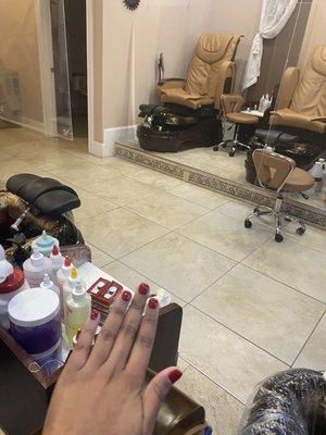 Letting my mani dry while I wait for my pedicure