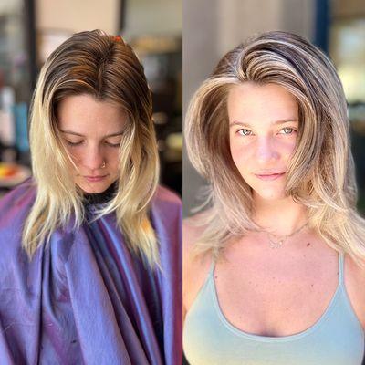 Reverse Balayage from Yellow/warm Blonde to Icy/cool Blonde