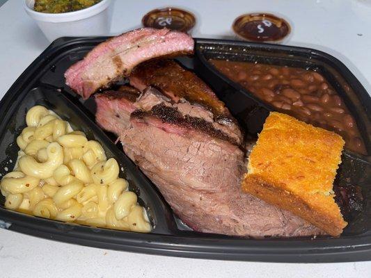 2 Two Meat Platter: Ribs and sliced Brisket w/ Mac And Cheese, Beans, Cornbread & broccoli