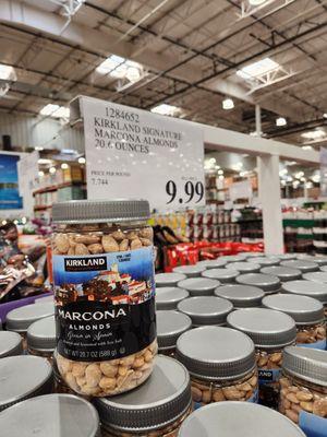 Marcona almonds grown in Spain. Unique. Good snack. Good w/chicken or fish. Roasted, sea salt. $9.99 (20.7oz =$0.48/oz or $7.68/lb)