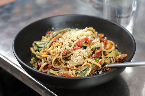 Vegetarian Pistachio Pesto Pasta ($20) - Linguini, pistachio pesto, confit garlic, peas, roasted peppers, spinach, parmesan, parsley