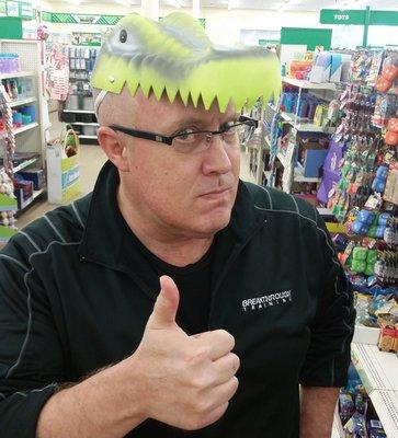 Trying on the Gator hat.